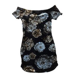 Blue Blush velvet brown floral off the shoulder dress, Small